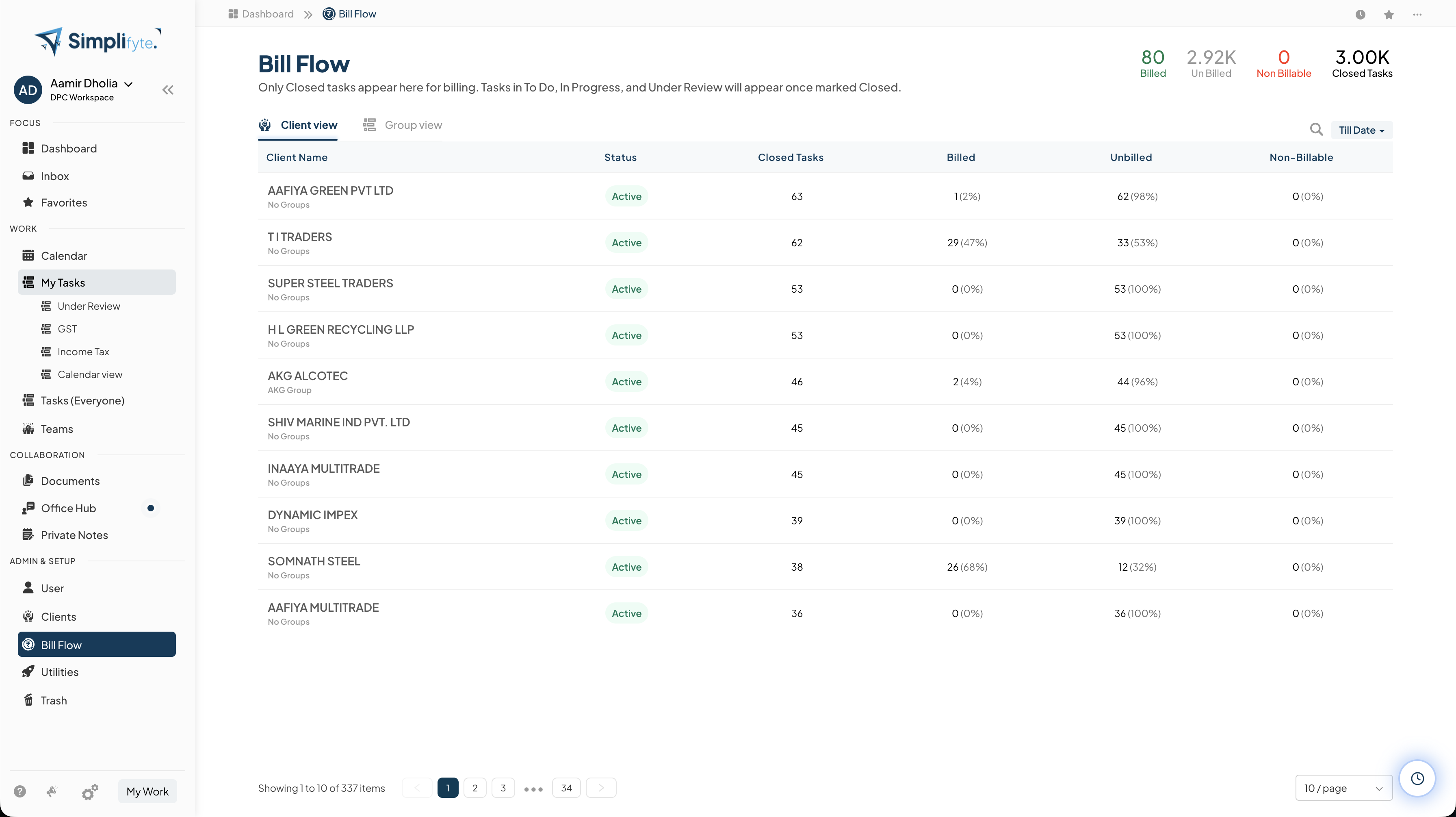 Simplifyte Bill Flow screen showing billed and unbilled closed tasks grouped by client with status and task counts