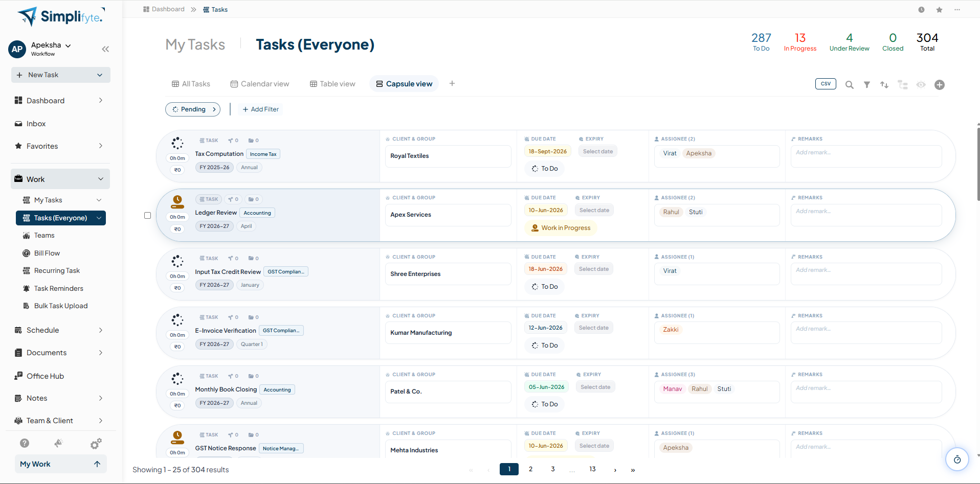 Simplifyte Capsule View showing tasks as cards