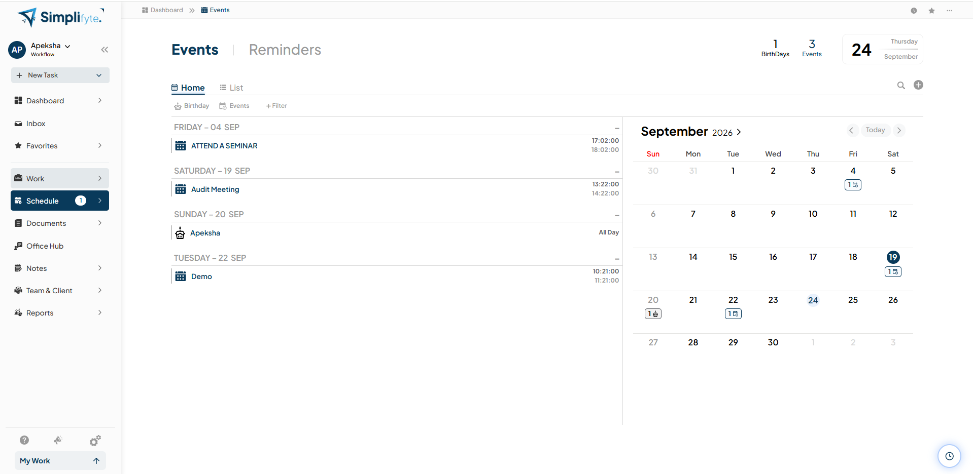 Simplifyte Events screen showing client meetings and review events