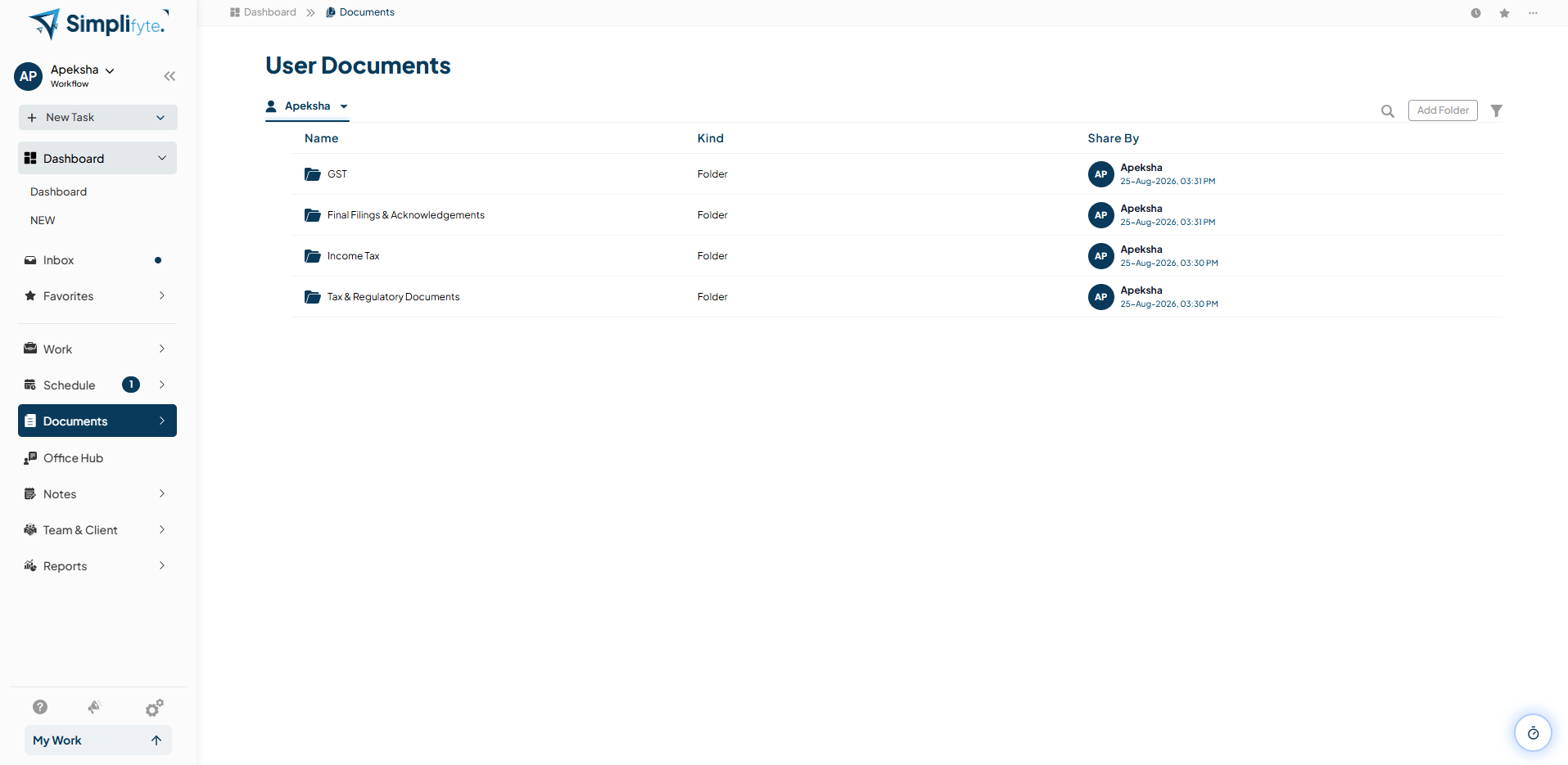 Simplifyte Client Documents screen