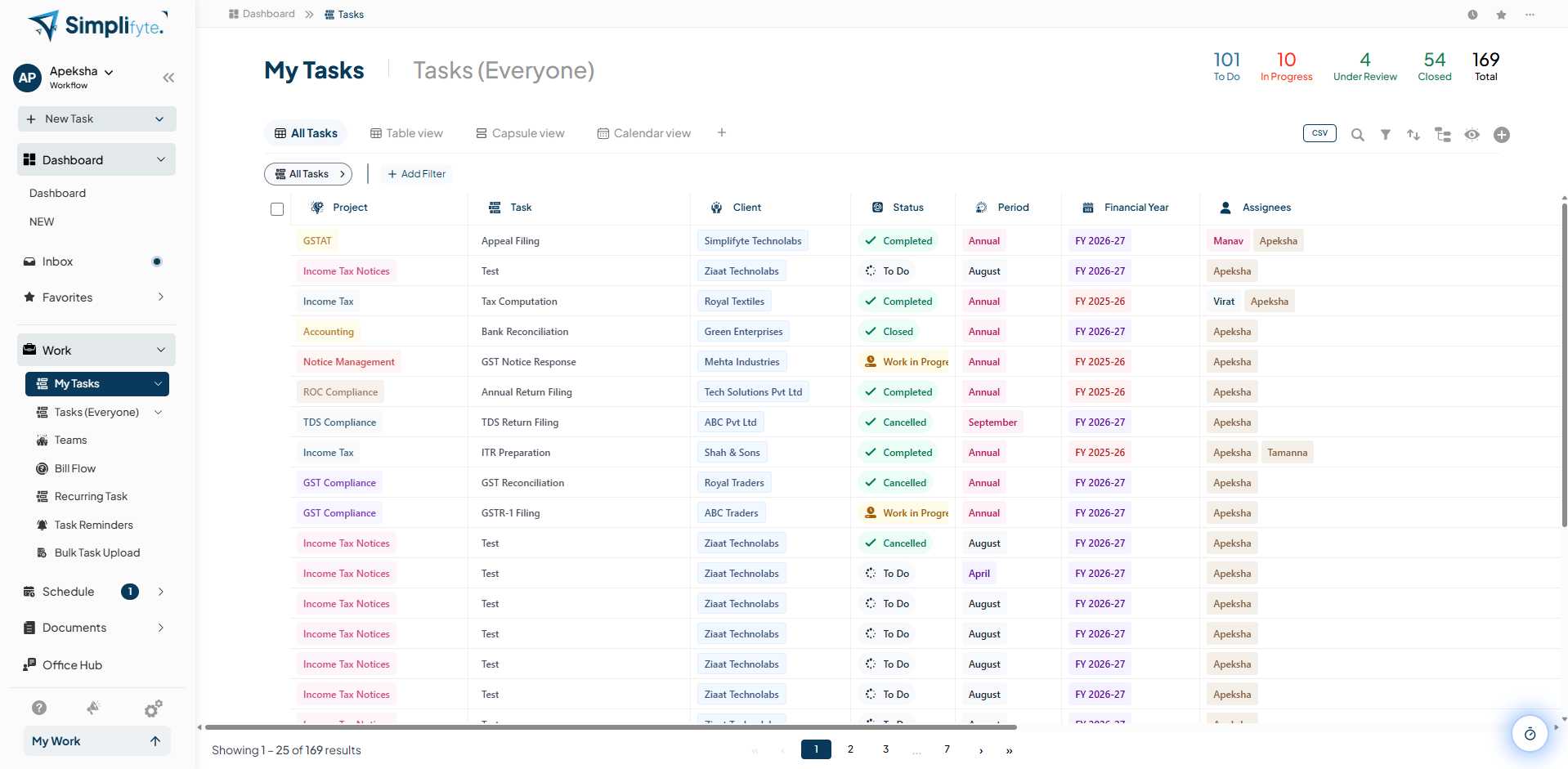 Simplifyte task table showing consulting engagements