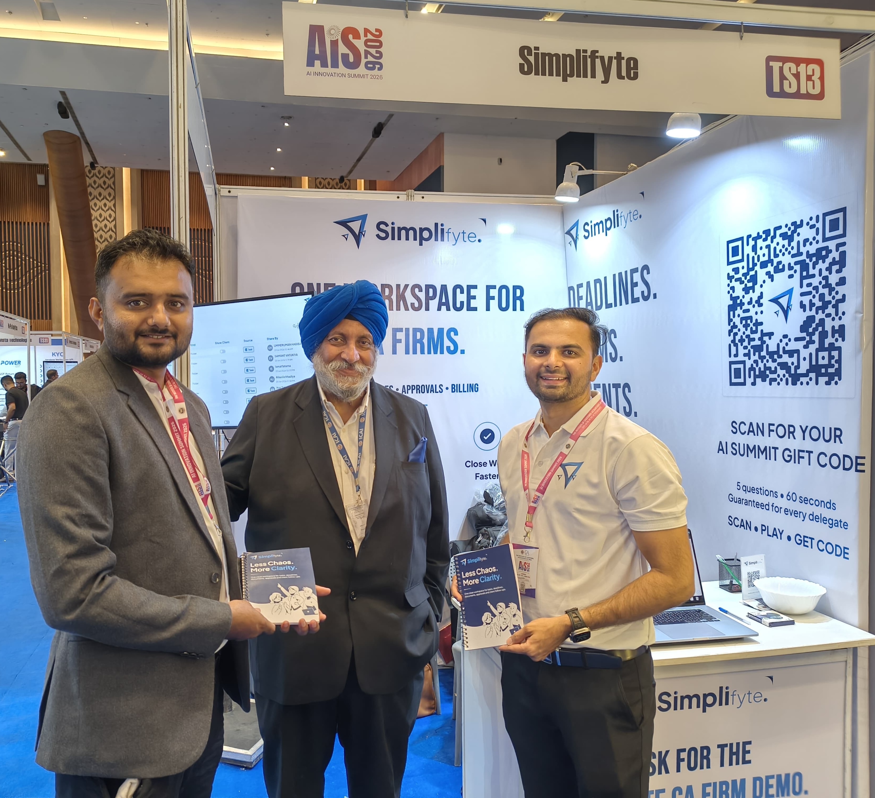 The Simplifyte team with CA Charanjot Singh Nanda, Chairman of the ICAI AI Committee and Past President of ICAI, at the Simplifyte booth during the AI Innovation Summit 2026