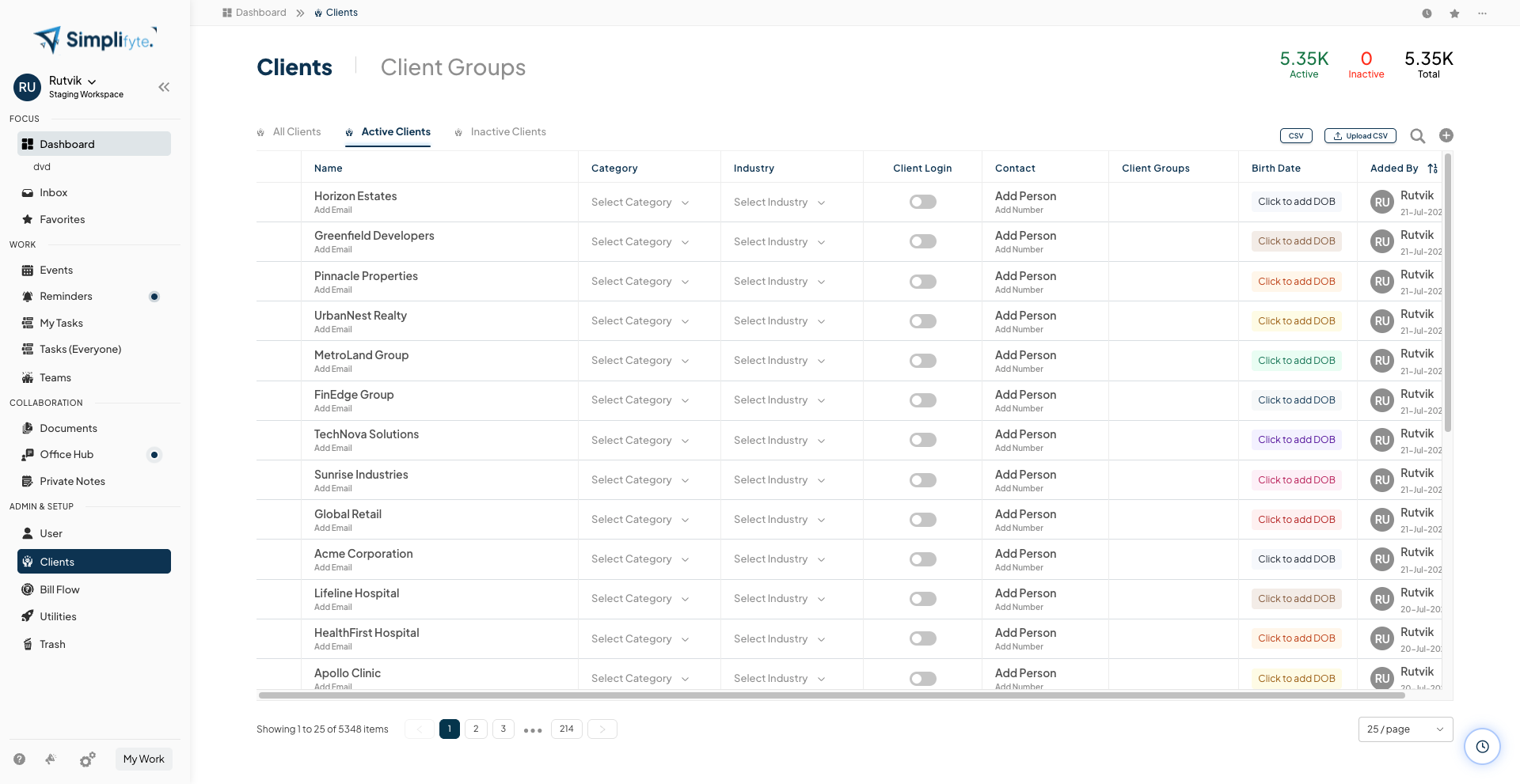 Simplifyte Clients screen showing active client accounts including Horizon Estates, Greenfield Developers, TechNova Solutions, and Acme Corporation with industry and contact columns