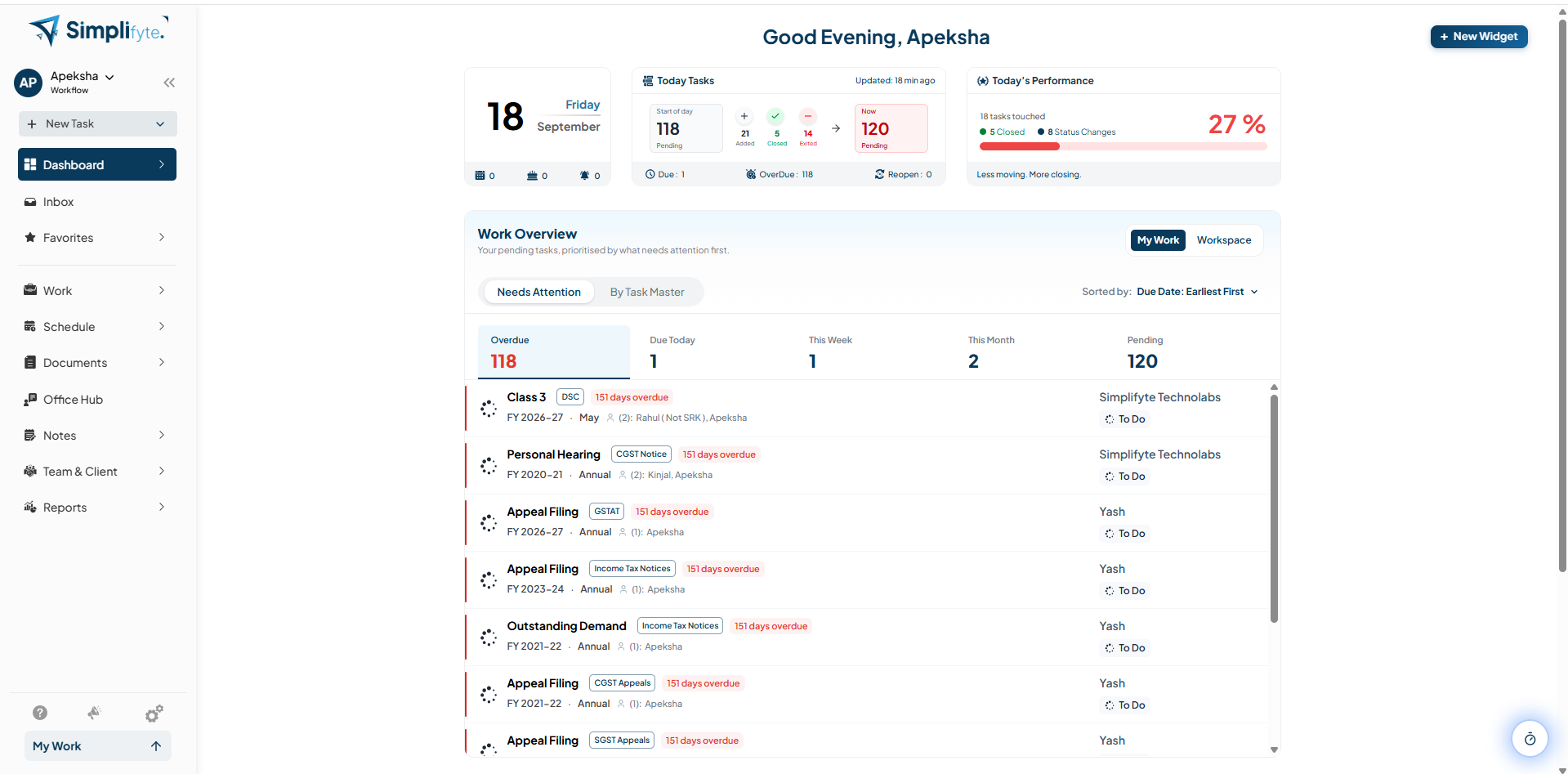 Simplifyte dashboard showing today's tasks, performance percentage, task status breakdown, and upcoming events and reminders for a marketing team