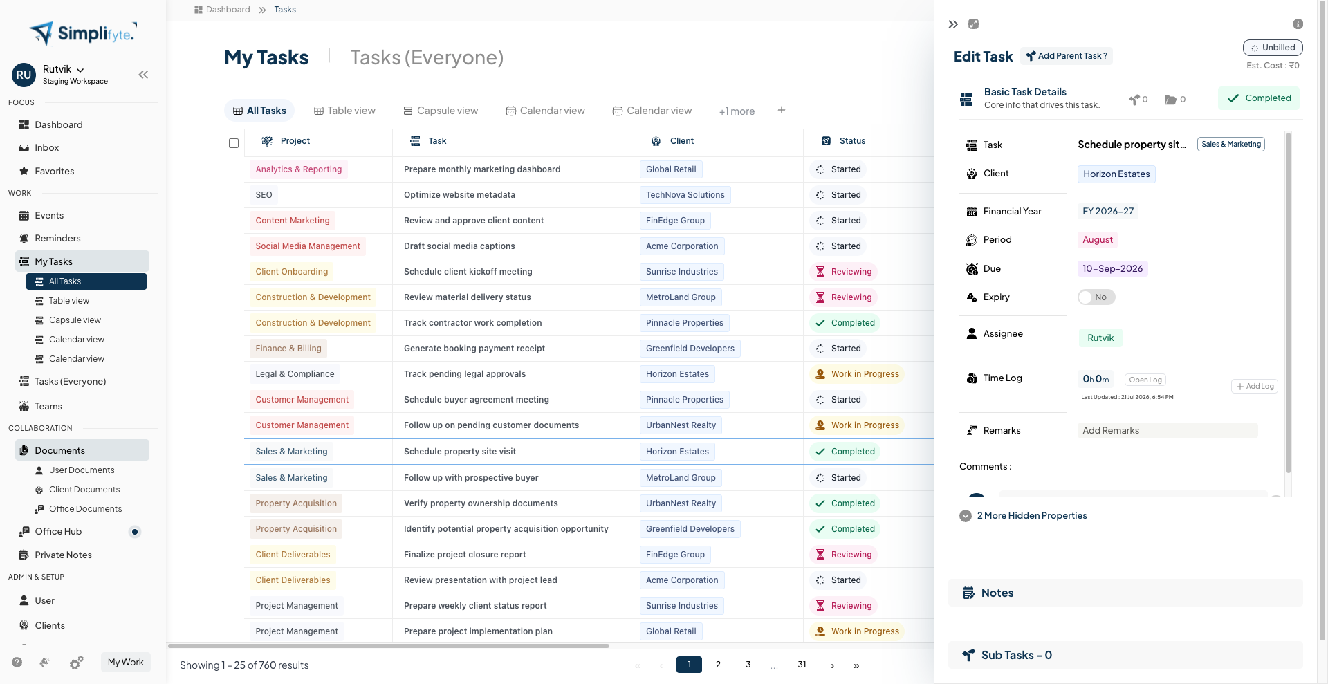 Simplifyte task peek panel showing Prepare monthly marketing dashboard for Global Retail with financial year, due date, and assignee