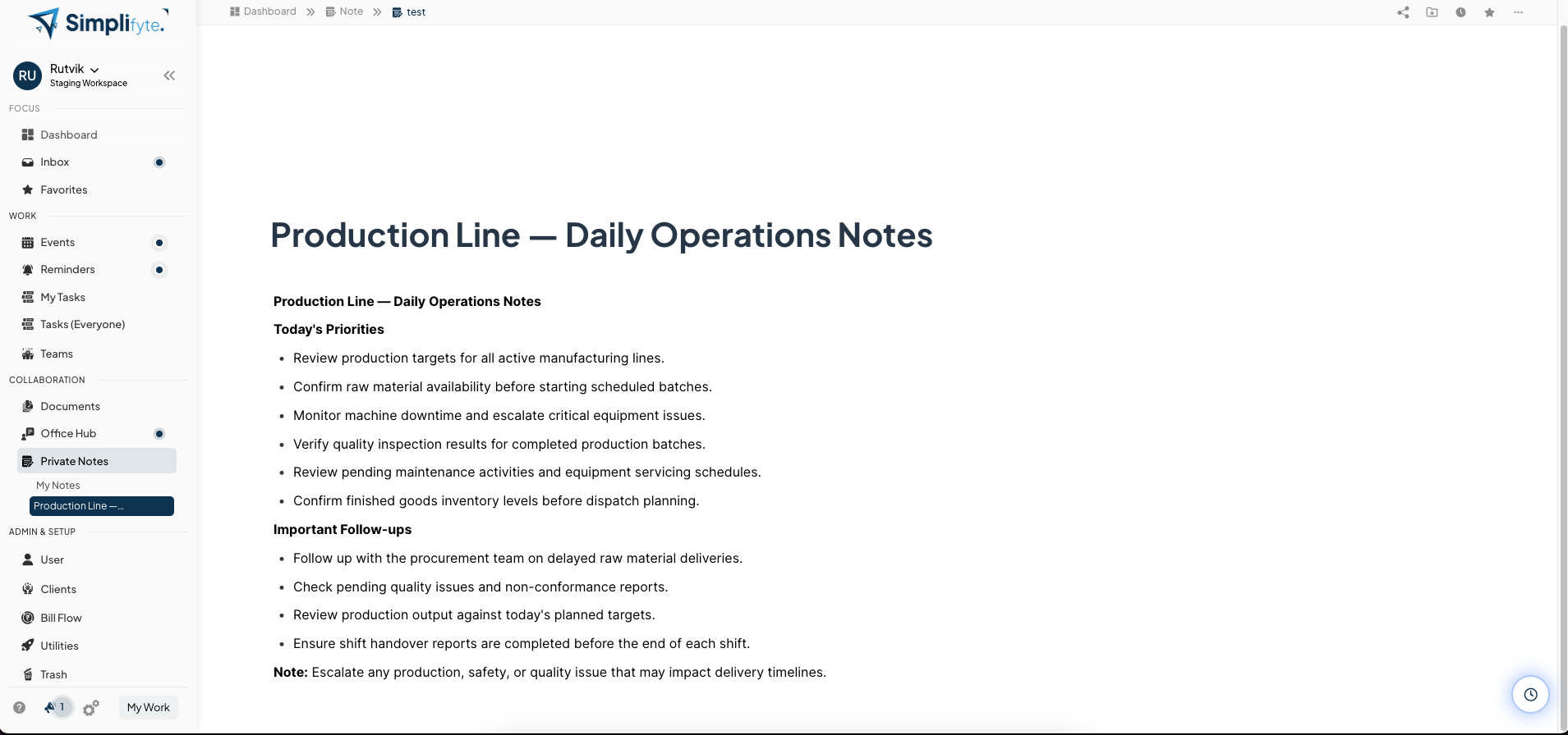 Simplifyte manufacturing shift notes