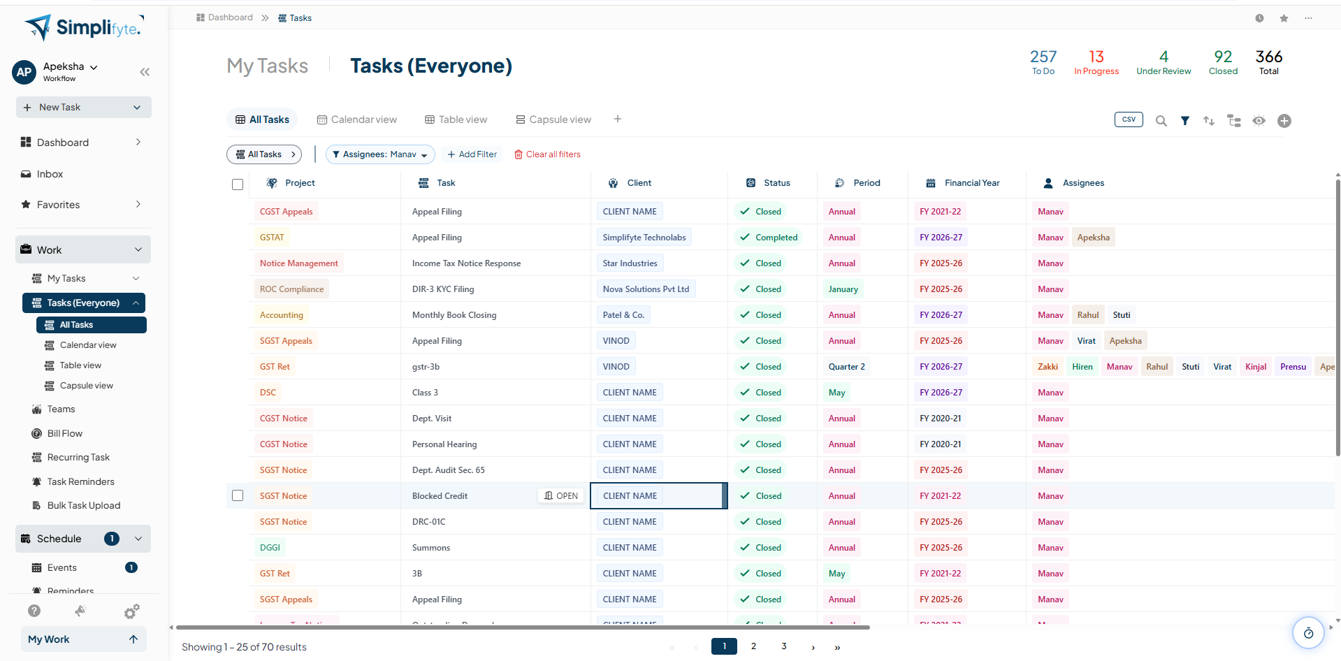 Simplifyte task list showing pharma tasks including Inventory Audit, License Renewal, Pharmacovigilance, Export Documentation, Clinical Trial, Supply Chain, Compliance Audit, Product Launch, Batch Release, and Regulatory Filing with client and status columns