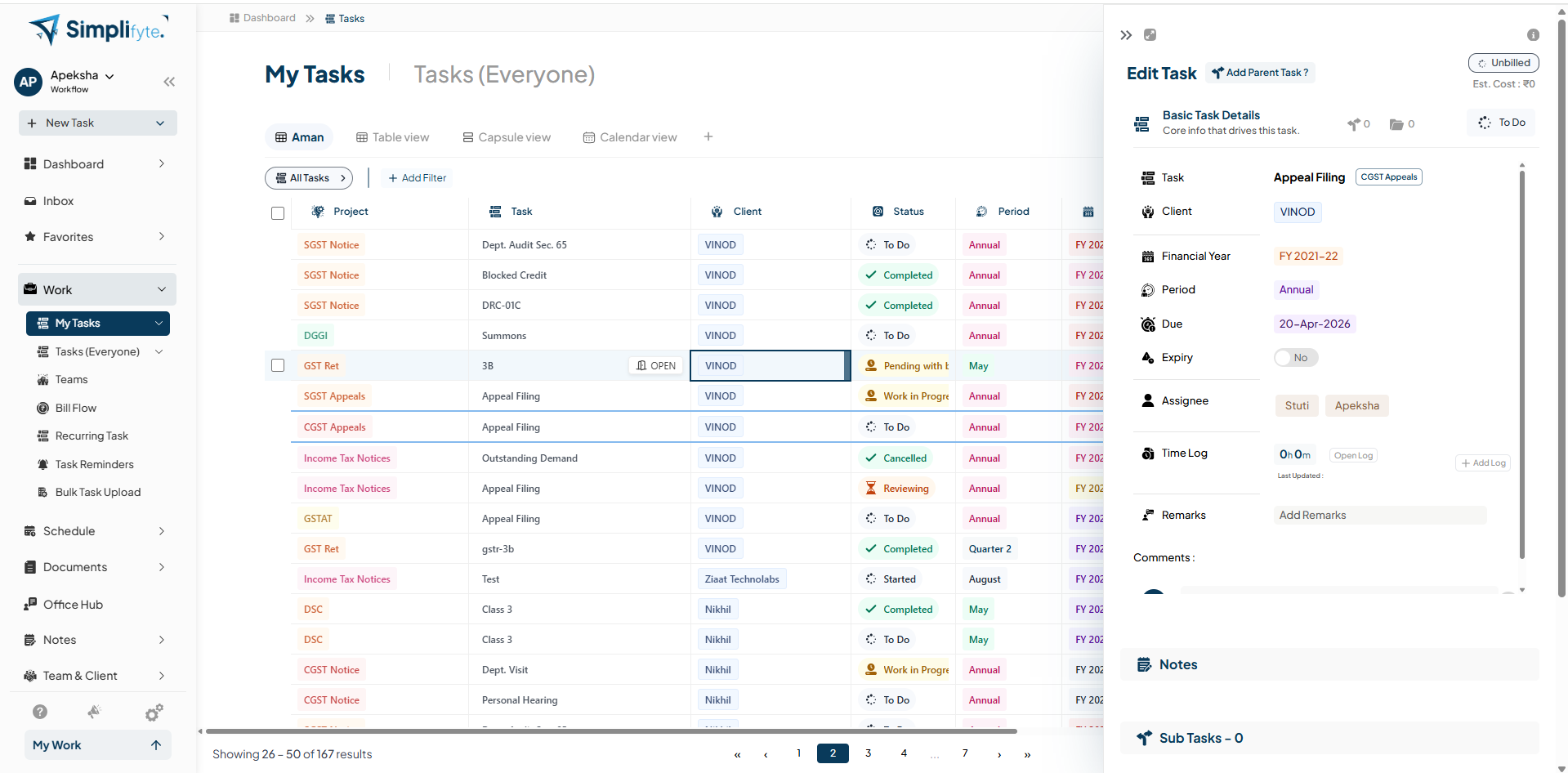 Simplifyte real estate task detail showing property and client information